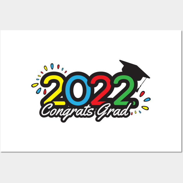 Class of 2022 colorful banner, Yellow Blue Red Green numbers, academic cap and Congrats grad greeting on White background Wall Art by sigdesign